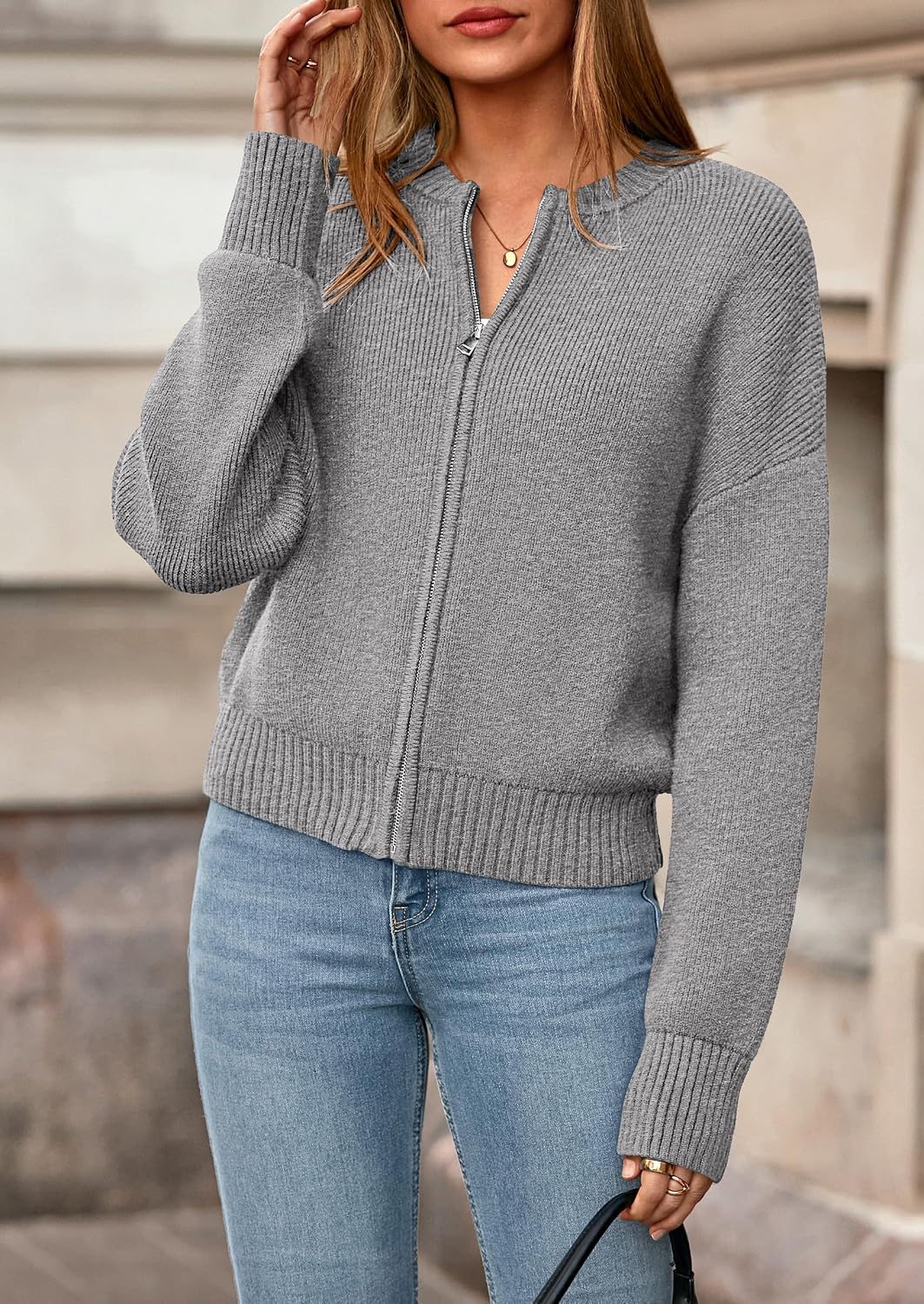 Women's Chunky Cardigan Sweaters Spring Open Front Long Sleeve Ribbed Knit Zipper Short Cardigans Outerwear Coats