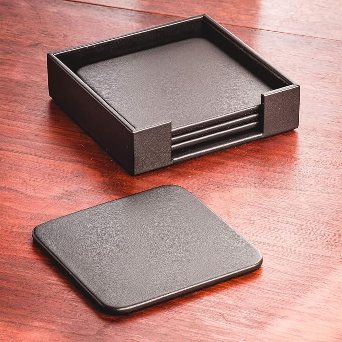 Dacasso Black Leather 4-Square Coaster Set