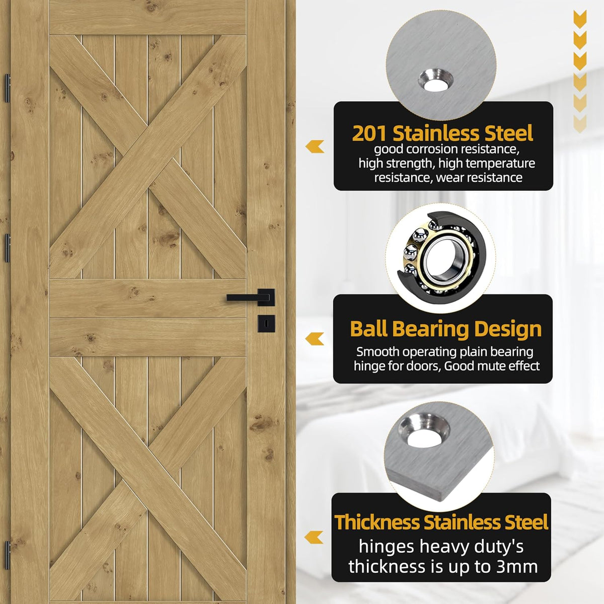 2pcs 5 in Hinges Heavy Duty Door Hinge up to 220 lbs,Stainless Steel Hinges Ball Bearing,Outside Door Hinges Front, Thickness 3 mm, Square Corners with 20 Screws, Non-Removable Pin Silver