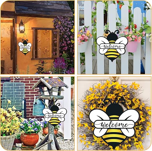 Shellwei Wood Welcome Sign, Bee Theme, Front Door Decor, 12 x 12 inches, Signage, Modern Style, Indoor & Outdoor Usage