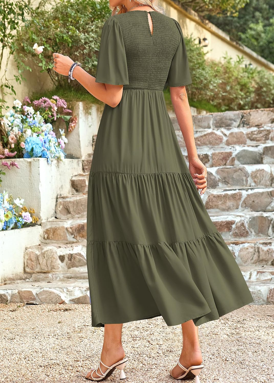 KIRUNDO Summer Dresses for Women 2026 Spring Casual Flutter Short Sleeve Wedding Guest Smocked Flowy Tiered Aline Midi Dress