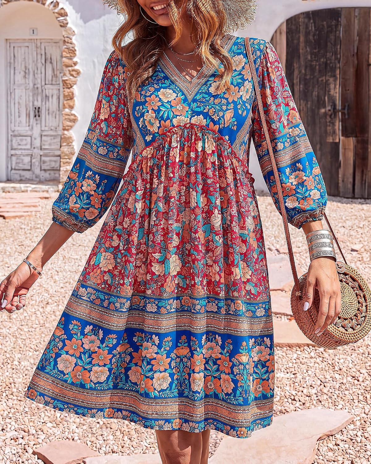 Women Casual Spring Summer Dresses V Neck 3/4 Long Sleeve Ruffle Floral Flo