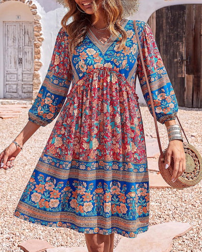 Women Casual Spring Summer Dresses V Neck 3/4 Long Sleeve Ruffle Floral Flo