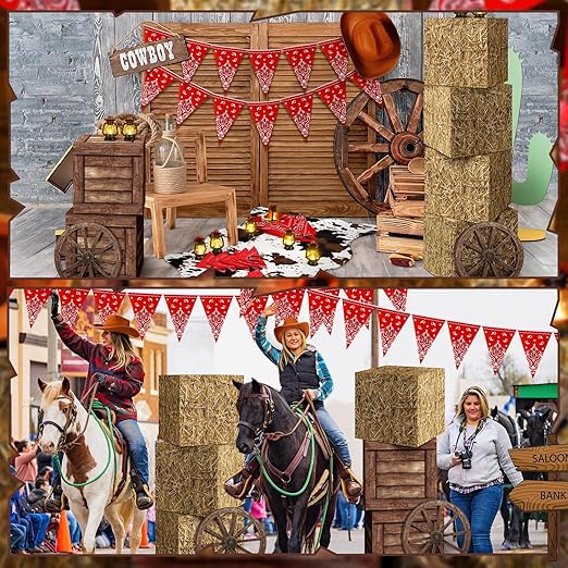 ROCEEI 40 Pcs Cowboy Theme Party Decoration Western Party Decor Rodeo Table Centerpieces Mini Cowboy Hats Lantern Carton Horseshoe Wheel Red Pull Flag Scarf Decorative for Adults Cowgirl Farm Party