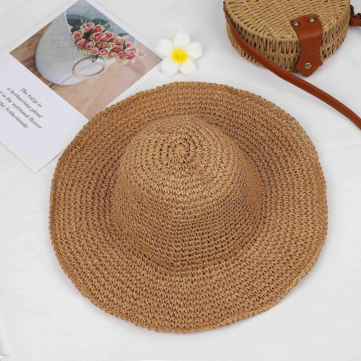 Women Straw Hat Wide Brim Beach Sun Cap Foldable Large Lady Floppy 100% Natural Paper Braided for Travel Summer Vacation