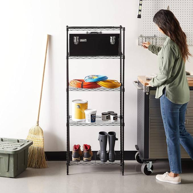 Basics 5-Shelf Multipurpose Adjustable Steel Garage Shelving Unit, Storage Rack for Kitchen, 200 lbs Per Shelf, Easy Assembly, 13.4"D x 23.2"W x 60"H, Black
