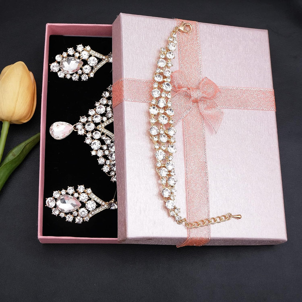Women's Statement Necklace Earrings Link Bracelet Set for Bride Austrian Crystal Wedding Bridal Costume Jewelry Sets