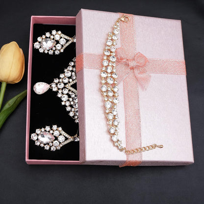 Women's Statement Necklace Earrings Link Bracelet Set for Bride Austrian Crystal Wedding Bridal Costume Jewelry Sets