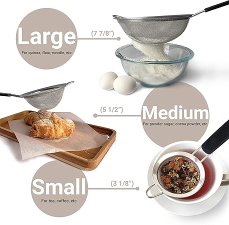 Makerstep Fine Mesh Strainer Set of 3, Stainless Steel 3.38", 5.5", 7.87" Strainers Wire Sieve Sifter with Insulated Handle Strainers for Kitchen Gadgets Tools