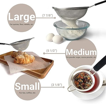 Makerstep Fine Mesh Strainer Set of 3, Stainless Steel 3.38", 5.5", 7.87" Strainers Wire Sieve Sifter with Insulated Handle Strainers for Kitchen Gadgets Tools