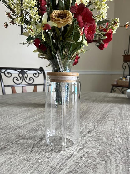16 oz Clear Glass Tumbler with Bamboo lid and Glass Straw