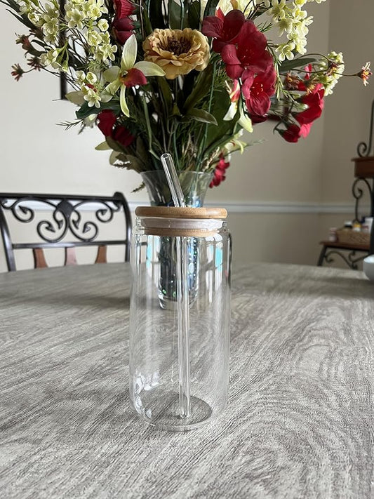 16 oz Clear Glass Tumbler with Bamboo lid and Glass Straw