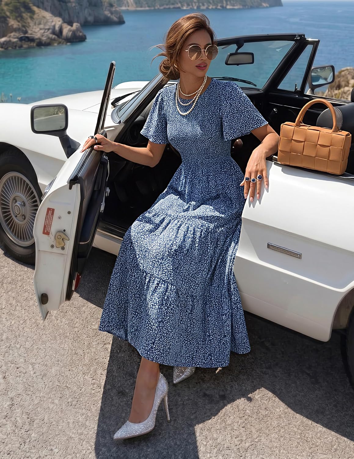 ZESICA Women's Summer Boho Floral Smocked Short Sleeve Maxi Dress | Tiered, Flowy, Elastic Waist, 2026 Casual Wedding Guest Date Holiday Beach Vacation Long Dresses