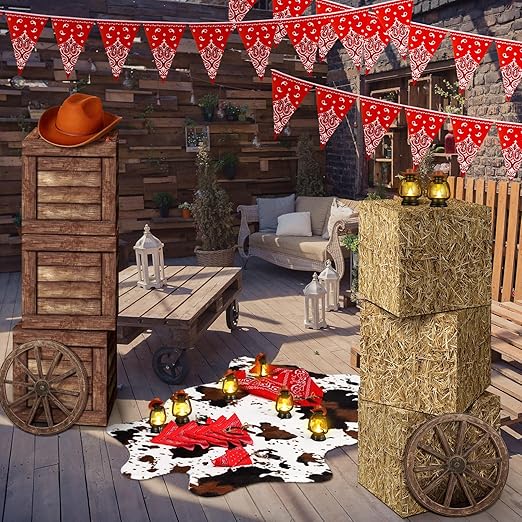 ROCEEI 40 Pcs Cowboy Theme Party Decoration Western Party Decor Rodeo Table Centerpieces Mini Cowboy Hats Lantern Carton Horseshoe Wheel Red Pull Flag Scarf Decorative for Adults Cowgirl Farm Party
