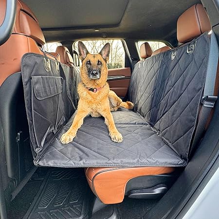 Dog Back Seat Extender - Waterproof Mesh Platform for Cars, Trucks, SUVs - With Storage Pockets and Door Covers (Black)