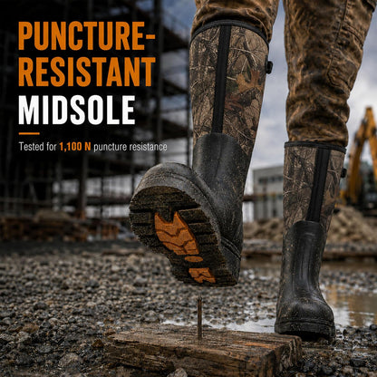 Rubber Work Boots, Puncture-Proof with Steel Toe & Shank, Waterproof Insulated 6mm Neoprene Hunting Boots for Farming, Construction, Gardening, Fishing, Outdoor Work (Size 6-14)
