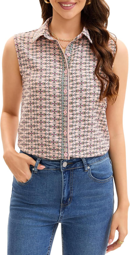 Medium JTD Women's Sleeveless Button Down Shirts Wrinkle Free Collared Blouses | Business Work Office Blouses for Women,Casual V Neck Tank Tops,No Iron Fabric,Lightweight,Breathable,Trendy Summer Tops