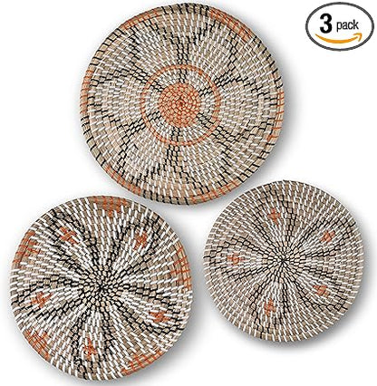Clinton Calicep  Nicolea Woven Wall Basket Decor Set of 3 - Modern Boho Rustic Wicker Hanging Wall Baskets - Natural Decorative Storage for Bedroom, Kitchen, Living Room  Dining Room