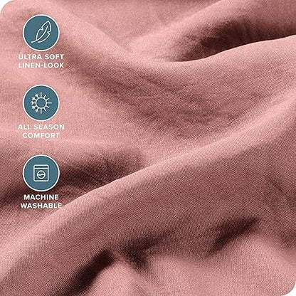 Bare Home Ultra Soft Washed Microfiber 4 Piece Sheet Set, Linen-Like Look, Easy Care, Hypoallergenic, Deep Pocket up to 15, 1 Fitted Sheet, 1 Flat Sheet, 2 Std. Pillowcases (Queen, Dusty Rose)