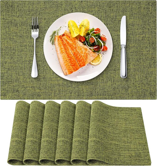 Cloth Placemats Set of 6, Linen Style Thick Dining Table Mats, Heat Resistant and Easy to Clean Placemats for Kitchen Dining Table, Green