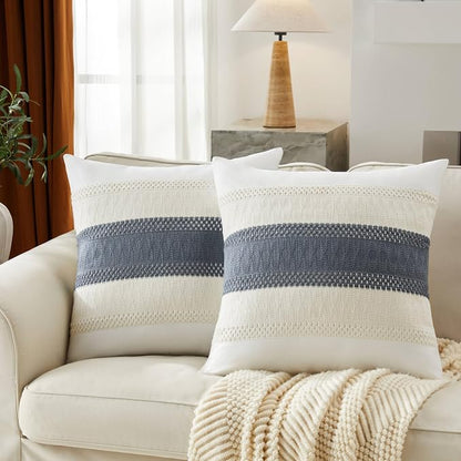 2pk Boho Pillow Covers 22x22, Natural White/Contrast/Navy