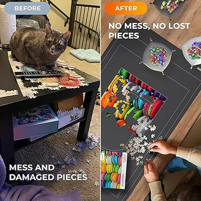 Newverest Jigsaw Puzzle Mat Roll Up, Saver Pad 55 x 35.5 Portable Keeper Up to 3000 Pieces with Non-Slip Rubber Bottom and Polyester Top  3 Puzzle Sorting Trays, Travel-Friendly Storage Bag