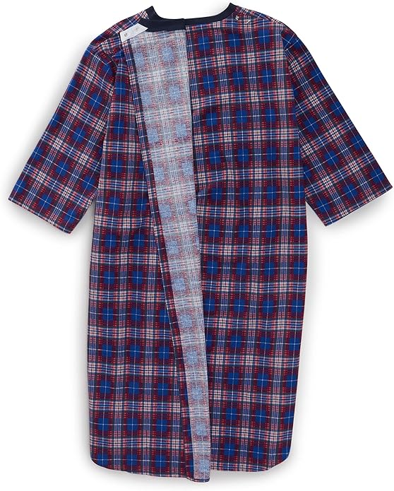 Mens Open Back Adaptive Flannel Nightgown for Seniors - Back Snap Nightgowns with Dome Closure