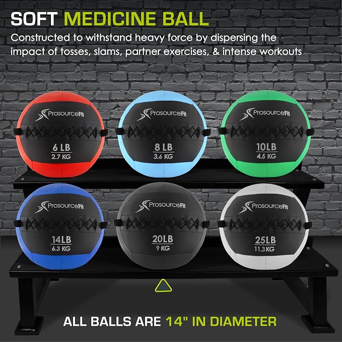 ProSource Soft Medicine Balls for Crossfit Wall Ball and Full Body Dynamic Exercises, Color-Coded Weights: 6, 8, 10, 14, 20, 25 lb.