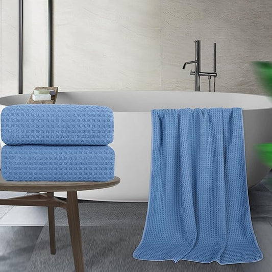 POLYTE Microfiber Oversize Quick Dry Lint Free Bath Towel, 60 x 30 in, Set of 2 (Blue, Waffle Weave)