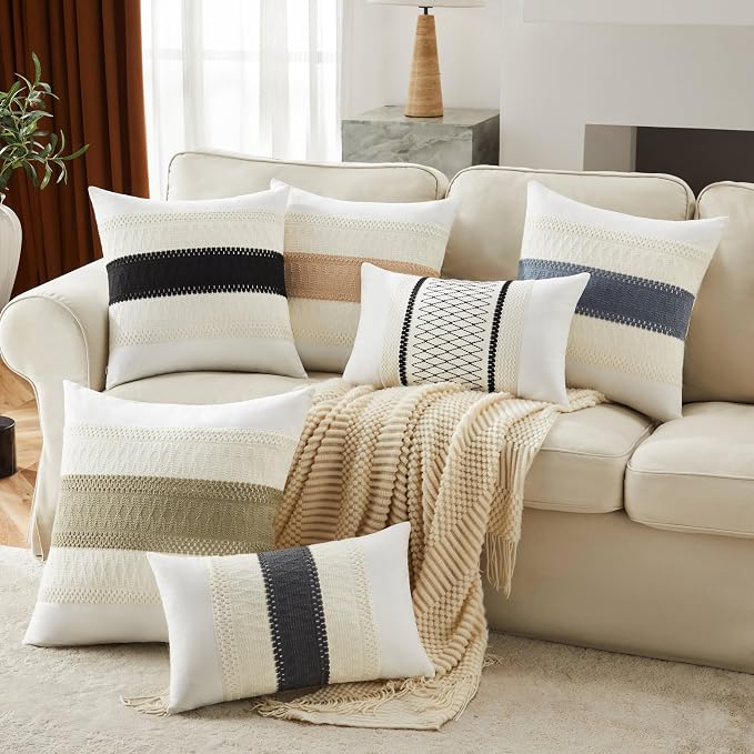 2pk Boho Pillow Covers 22x22, Natural White/Contrast/Navy