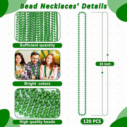 Mardi Gras Beads, 120 PCS Mardi Gras Accessories, 33 IN Green Bead Necklaces, St Patricks Day Parade Throws Bulk Party Beads Favors for Christmas Carnival Pirate Decorations