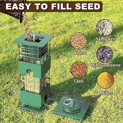 Bird Feeder Squirrel Proof, 3LBS Metal Anti-Squirrel Feeder for Outdoors Hanging, Wild Birdseed for Finch Cardinal Blue Jay Outside (Green)