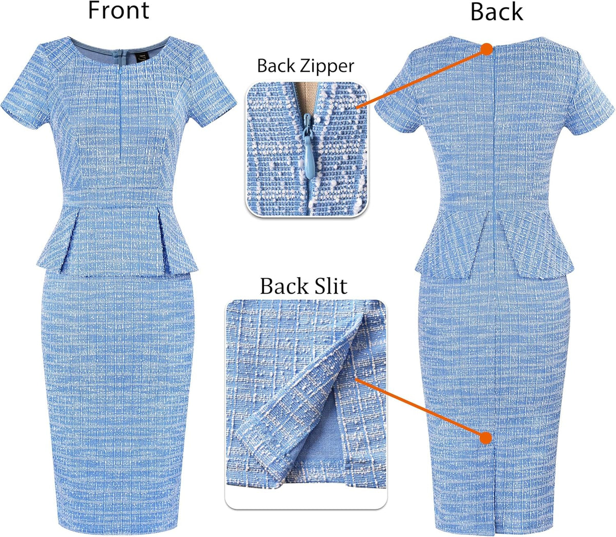 VFSHOW Womens Work Business Office Front Zipper Peplum Bodycon Dresses Elegant Short Sleeve Slim Church Pencil Sheath Dress .
