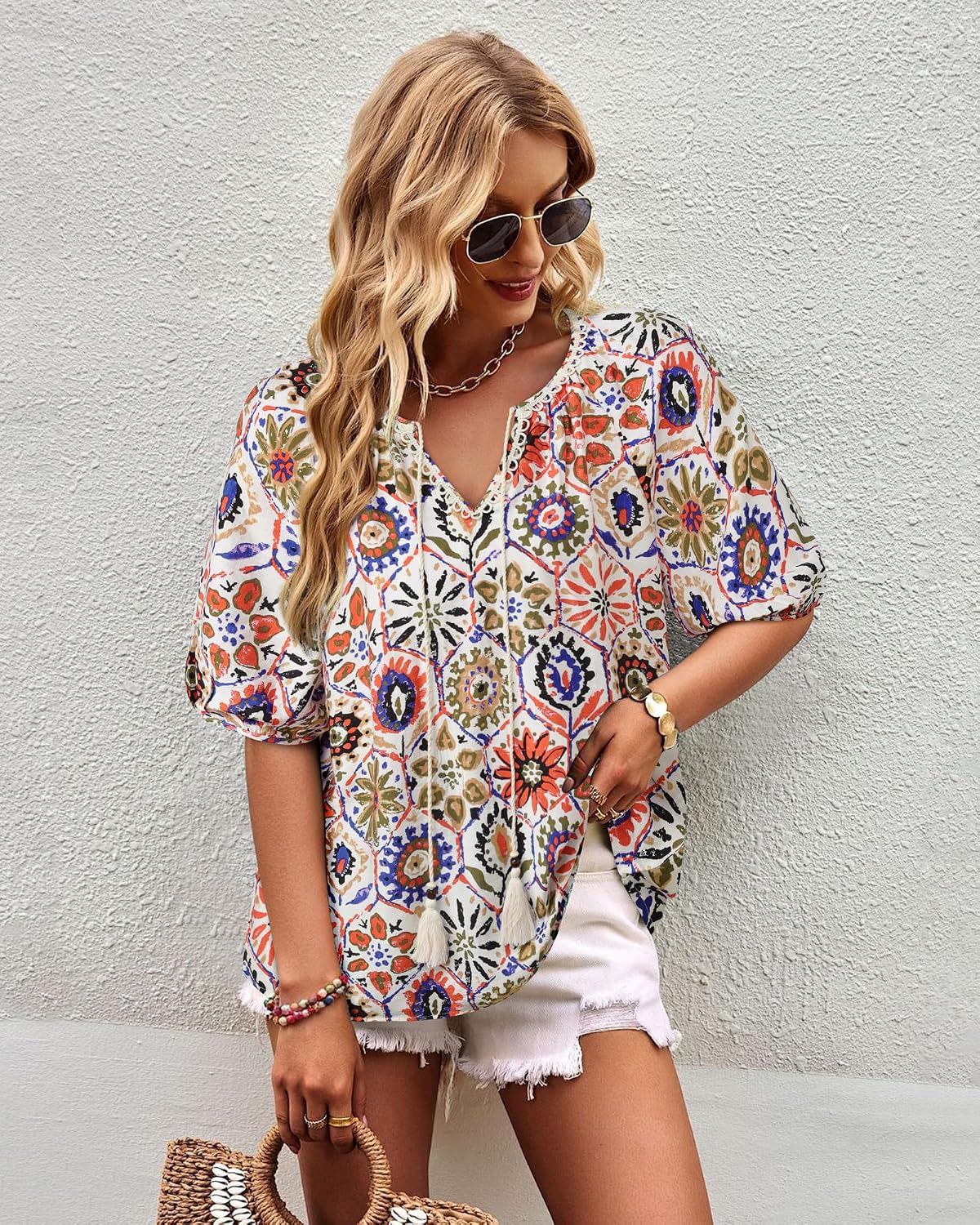 Vivilli Womens Summer Boho Tops Casual V Neck Short Sleeve Blouses Floral Print Shirt Tie Front Flowy Vacation Clothes .