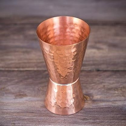 Copper jigger lacquered for the shine and to prevent tarnish. - Double 1oz2oz copper measuring jigger for cocktail mixing. - Solid hammered copper 22G copper. - Copper shot glass for Moscow mule.