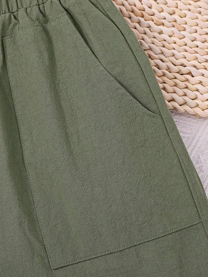 Women's Mid-Rise Short Elastic Double Pocket Shorts Two Pieces Set