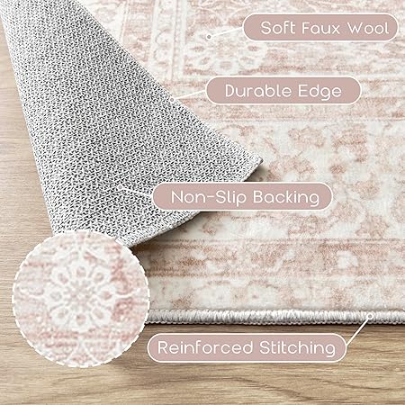 Light Pink Bedroom Rugs 6x9 Aesthetic Cute Boho Floral Feminine Soft Faux Wool Machine Washable Carpet Area Rugs for Kids Room Playroom Office