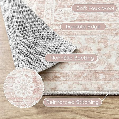 Light Pink Bedroom Rugs 6x9 Aesthetic Cute Boho Floral Feminine Soft Faux Wool Machine Washable Carpet Area Rugs for Kids Room Playroom Office