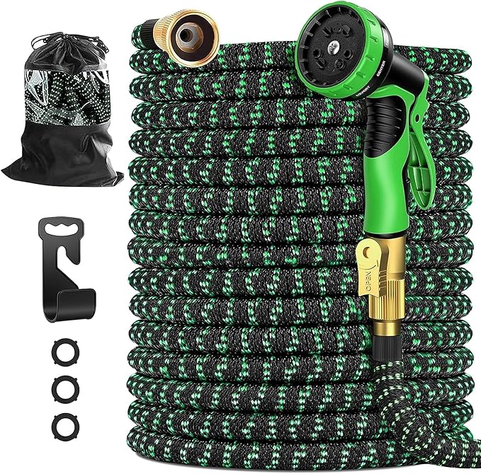 25 FT Expandable Garden Hose 2025 W/10 Pattern Spray Nozzle, Ultra-Lightweight, Tangle & Kink Free, 3-Layers Latex Core with 3/4" Brass Fitting for Superior Durability, Comes W/Storage Bag and Holder