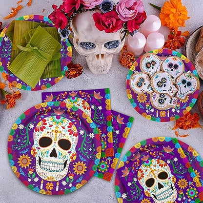 Day of the Dead Party Supplies Kit Serve 25, Includes Disposable Sugar Skull Dinner Plates, Dessert Plates, Napkins, Cups and Tablecloth, DÃ­a de los Muertos Party Decorations