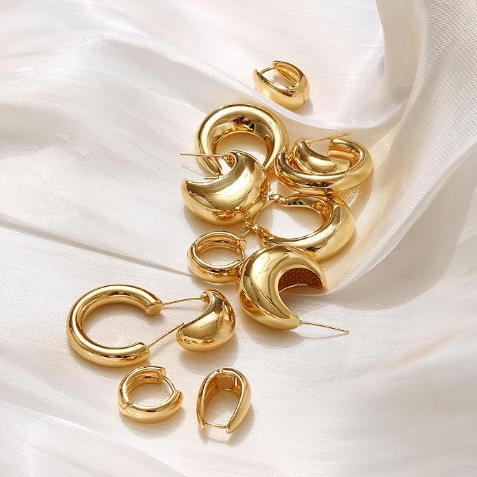 Gold Hoops Earrings for Women - 925 Sterling Silver Post, 14K Gold Plated Small Chunky Hypoallergenic Hoop Earrings, Thick Lightweight Huggie Earrings Jewelry