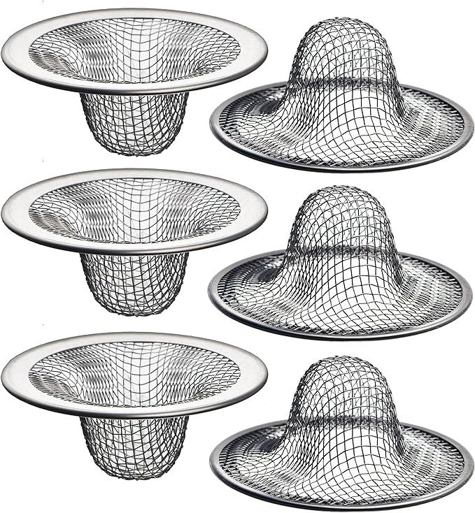6 Pack - 2.125" Top  1" Basket- Mesh Sink Drain Strainer Hair Catcher for Bathroom Sink, Utility, Slop, Laundry, RV and Lavatory