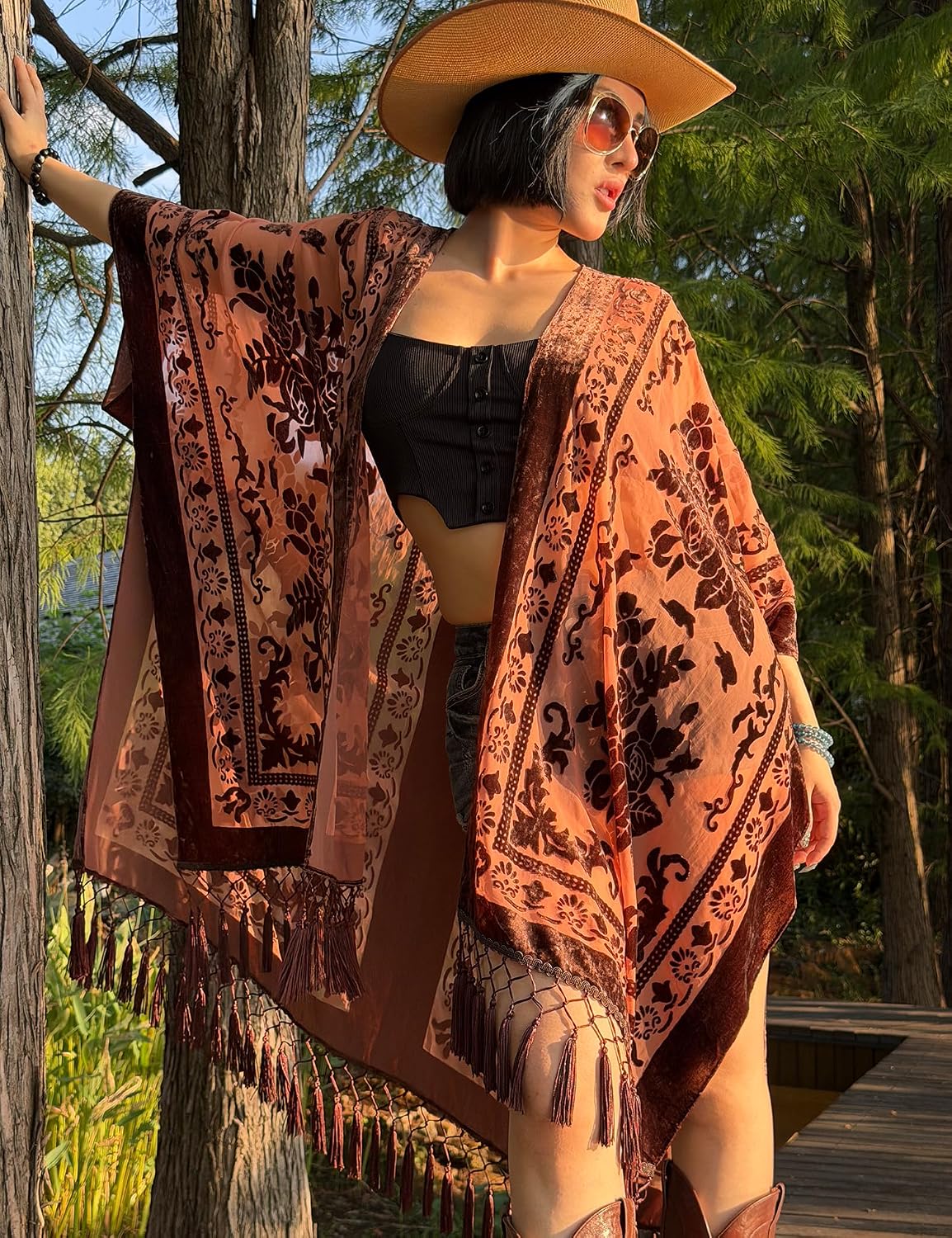 WeHello Women's Burnout Velvet Kimono Long Cardigan Cover Up With Tassel.