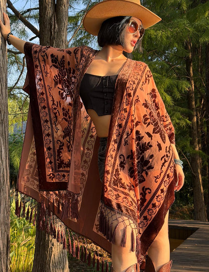 WeHello Women's Burnout Velvet Kimono Long Cardigan Cover Up With Tassel.