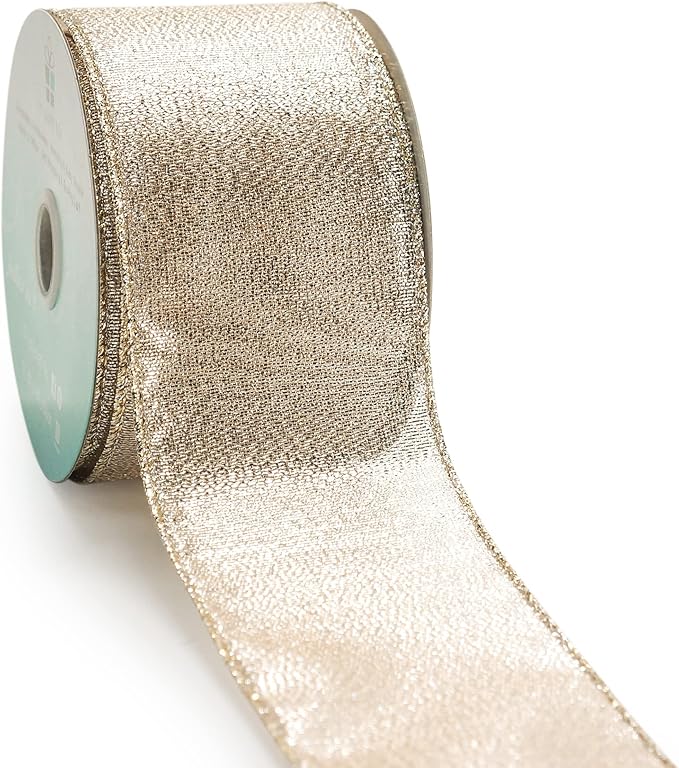 CT CRAFT LLC Champagne Gold Metallic Wired Ribbon 2.5 inch x 10 Yards for Christmas Home Decor Tree Topper Bow Gift Wrapping DIY Crafts Wreath Garland Wedding