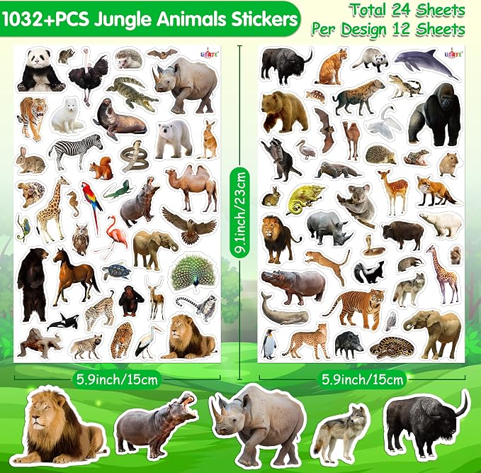 LINAYE 24 Sheets Jungle Stickers for Kids, 1032 PCS Safari Wild Zoo Animal Stickers for Scrapbooking,Water Bottles,Envelopes,Laptop Decal for Kids Boys Girls
