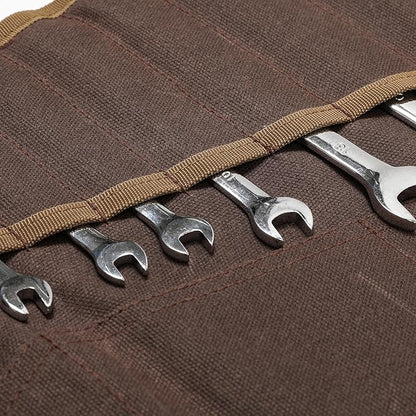 Tool Roll, Wrench Organizer Roll Up Tool Pouch with 24 Pockets  Durable Waxed Canvas 16 OZ Portable Tool Storage Carrier Bag(33.5 X 13.5 IN  Brown)