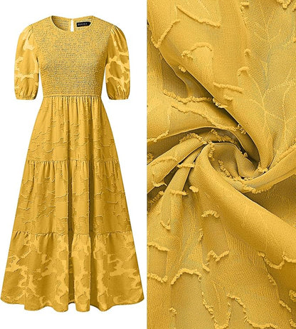 ZESICA Women's 2025 Summer Short Puff Sleeve Crewneck Smocked Floral Lace Flowy A Line Tiered Maxi Dresses