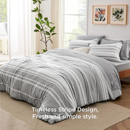 Bedsure Queen Comforter Set 7 Pieces, Grey Striped Bedding Set for Queen Size Bed Reversible, Cationic Dyeing Bed in a Bag with Comforter, Sheets, Pillowcases  Shams