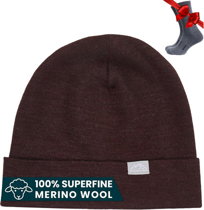 Merino Wool Beanie for Women & Men - 100% Merino Skull Cap 17.5um - All Season Unisex Adult Hat & Socks for Running, Hiking